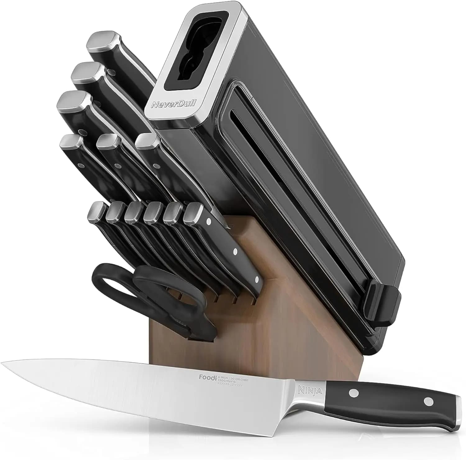 Sistema di coltelli premium Ninja K52015 Foodi NeverDull da 15 pezzi, blocco serie Wood, acciaio inossidabile tedesco, con affilatore integrato