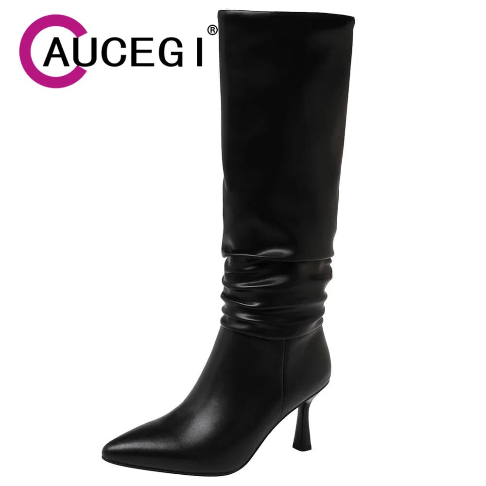 Aucegi Nuovo Design Pieghettato Punta a punta Donna Temperamento Stivali al ginocchio Designer Party Dress Tacchi sottili Banchetto Evento Scarpe