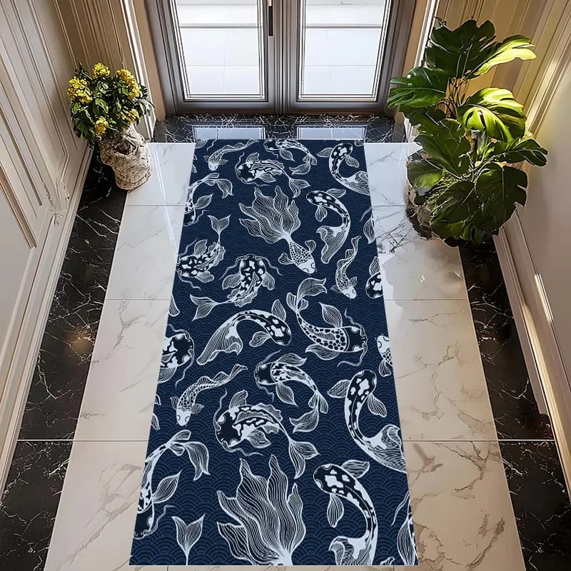 Tappeto Runner con Stampa di Pesci Koi Blu e Bianchi, Antiscivolo, Stile Giapponese, per Cucina e Corridoio