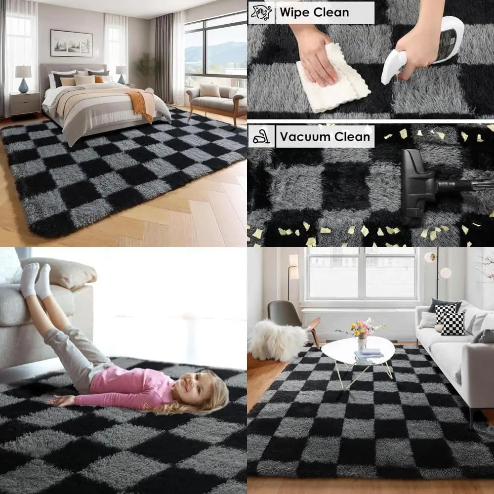 Luxurious Shag Carpet in Black and Grey 5x7, Soft Sink Carpet for Living, Bedrooms and Children's Rooms