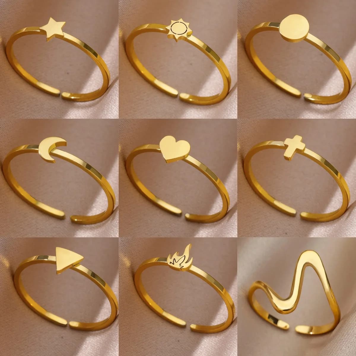 Anello semplice con cuore e luna per donna Anello in acciaio inossidabile color oro con apertura regolabile Anello con stella solare Anelli regalo per gioielli di moda