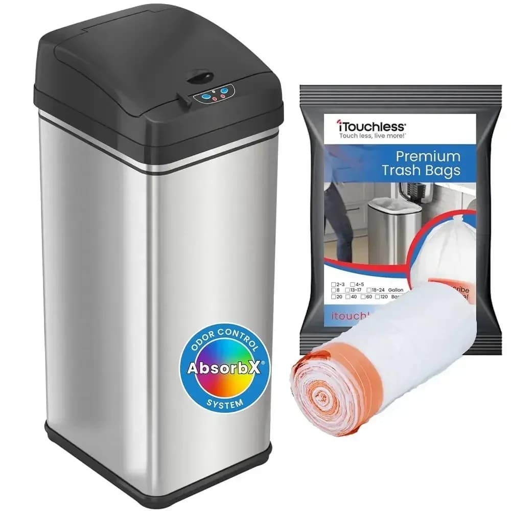 13-Gallon Stainless Steel Touch Sensor Trash Can with 10 Bags, Large Lid Opening Kitchen Bin