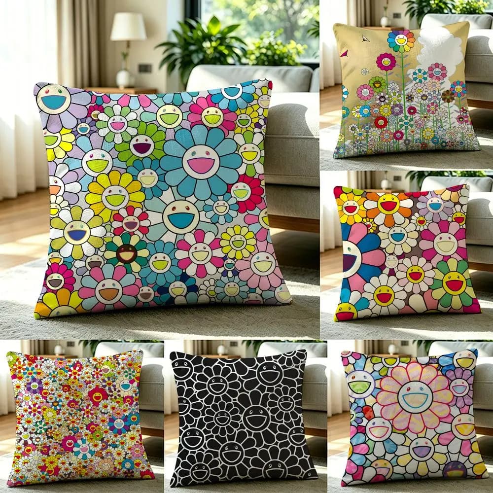 Fodera per cuscino T-Takashi Murakami in lino naturale, set completo per divano, camera da letto e sedia