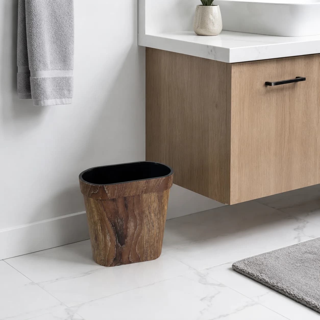 Rustic Wood Texture Trash Bin with Press Ring, Narrow Decor Waste Basket for Mid-century Home Interior