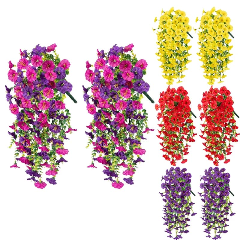 Fiori artificiali pendenti Piante in finta seta Viola Morning Glory Viti lunghe Resistenti ai raggi UV Realistici per l'arredamento del balcone del giardino