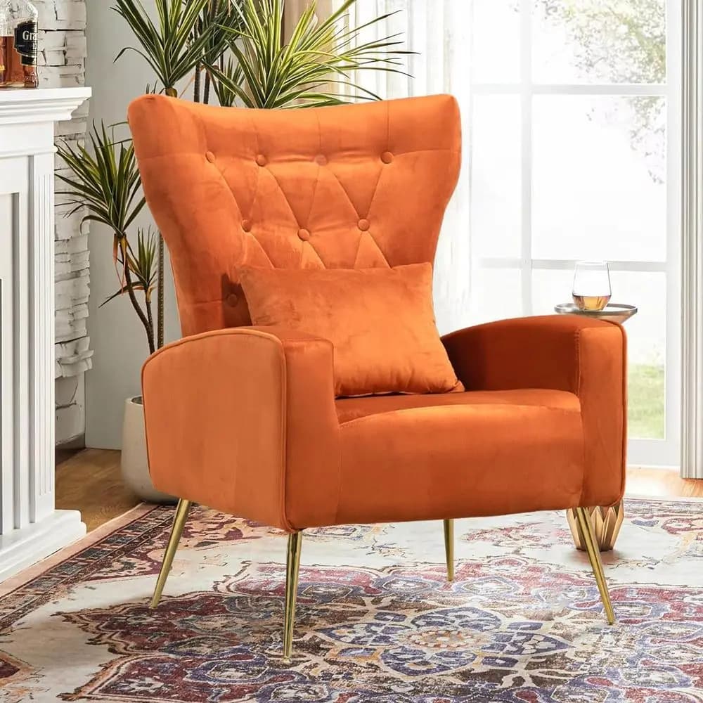 Poltrona di Lusso in Velluto con Schienale Alto e Gambe Dorate, con Cuscino Lombare, per Soggiorno e Camera da Letto in Vivace Arancione