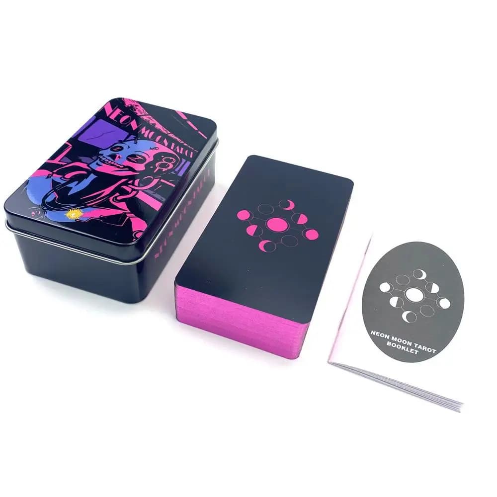 Carte dei Tarocchi Neon Moon con bordi placcati in oro rosa in scatola di metallo 10cm*6cm, giochi da tavolo dorati con manuale in carta