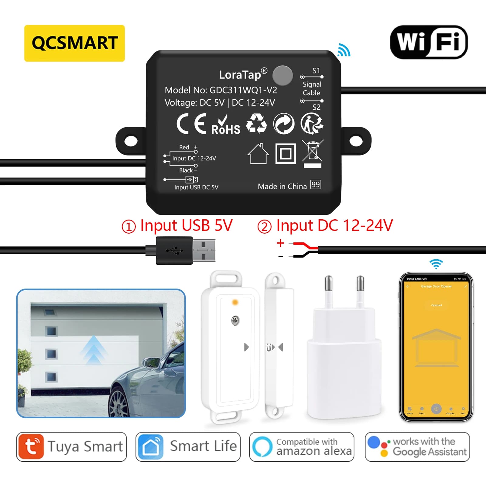 QCSMART Tuya Smart Life Garage Door Wireless Sensor Opener Controller contatti a secco caricatore USB telecomando Google Home Alexa