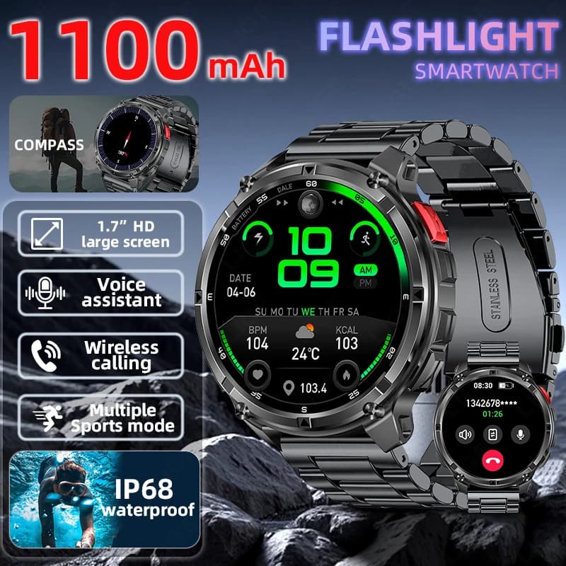 LIGE Smartwatch Sportivo con Batteria da 1100mAh, Fitness Tracker, Monitoraggio Frequenza Cardiaca, Bussola, Torcia, Chiamate Bluetooth per Uomo 2026