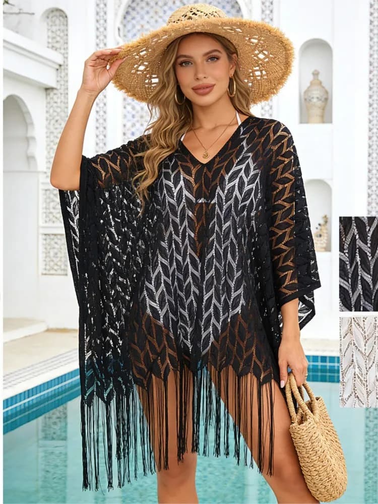 Copricostume Estivo da Donna con Nappine, Maniche 3/4, Abito da Spiaggia 2026 Nuovo Colore Solido, Vestito Bianco per Vacanze al Mare