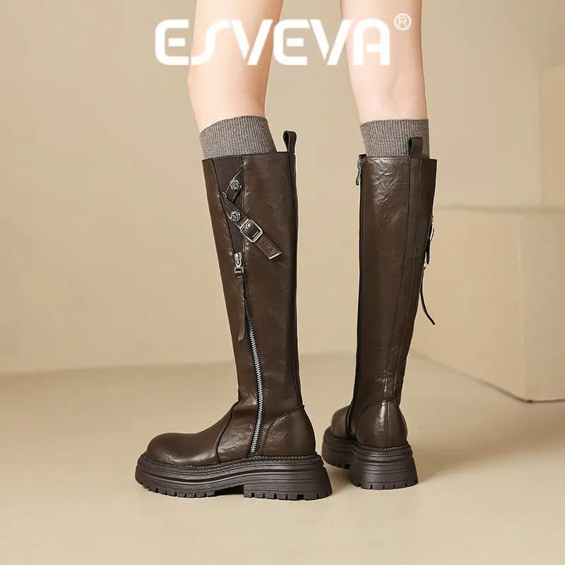 ESVEVA 2027 News Women Knee High Boots Winter Woman Microfiber Shoes Low Heels Zipper Casual Autumn Motorcycle Long Boot 34-40