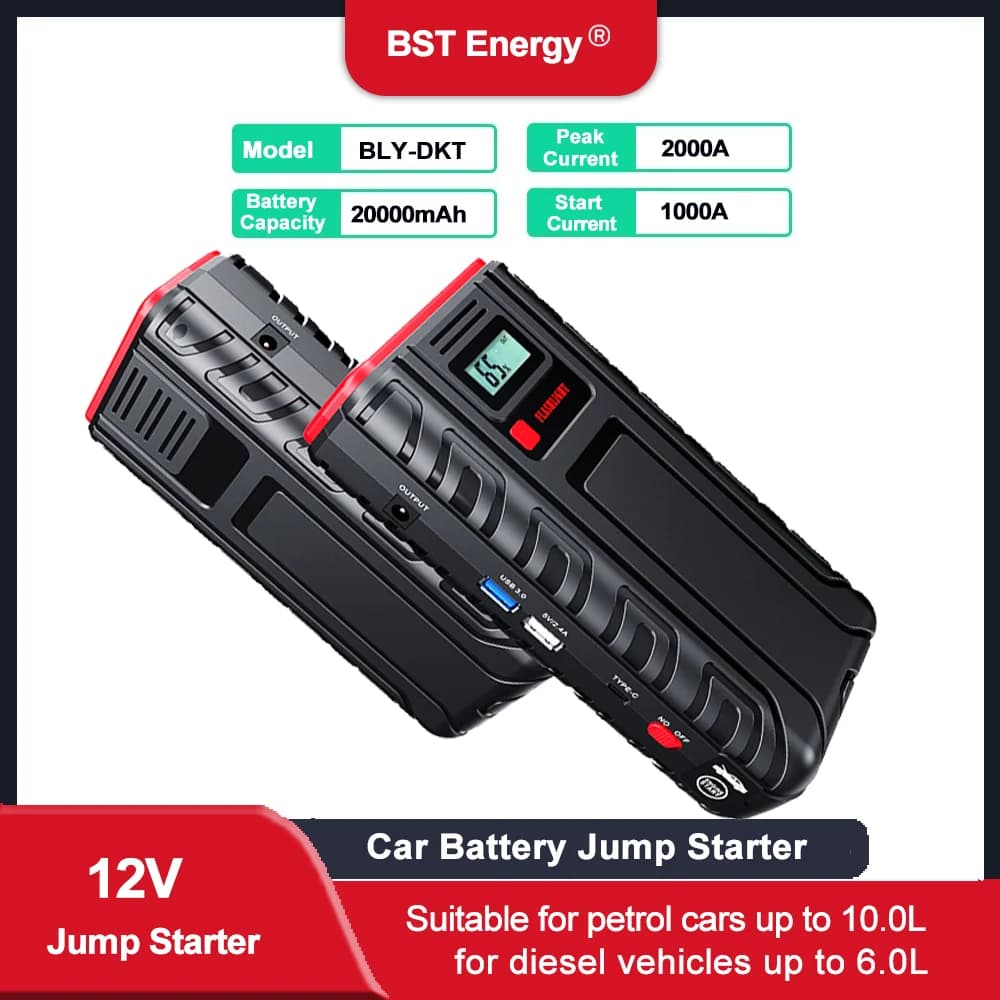 Avviatore di emergenza per auto, batteria di picco 2000A 12V fino a motori a gas da 10,0 litri e diesel da 6,0 litri, batteria portatile Booster Pack Power Bank