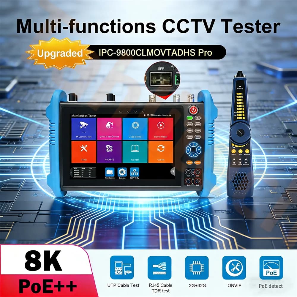 7 inch updated IPC CCTV Tester, 8MP H.265 AHD CVI SDI TVI, VGA HDMI camera tester, safety monitoring cable tester.