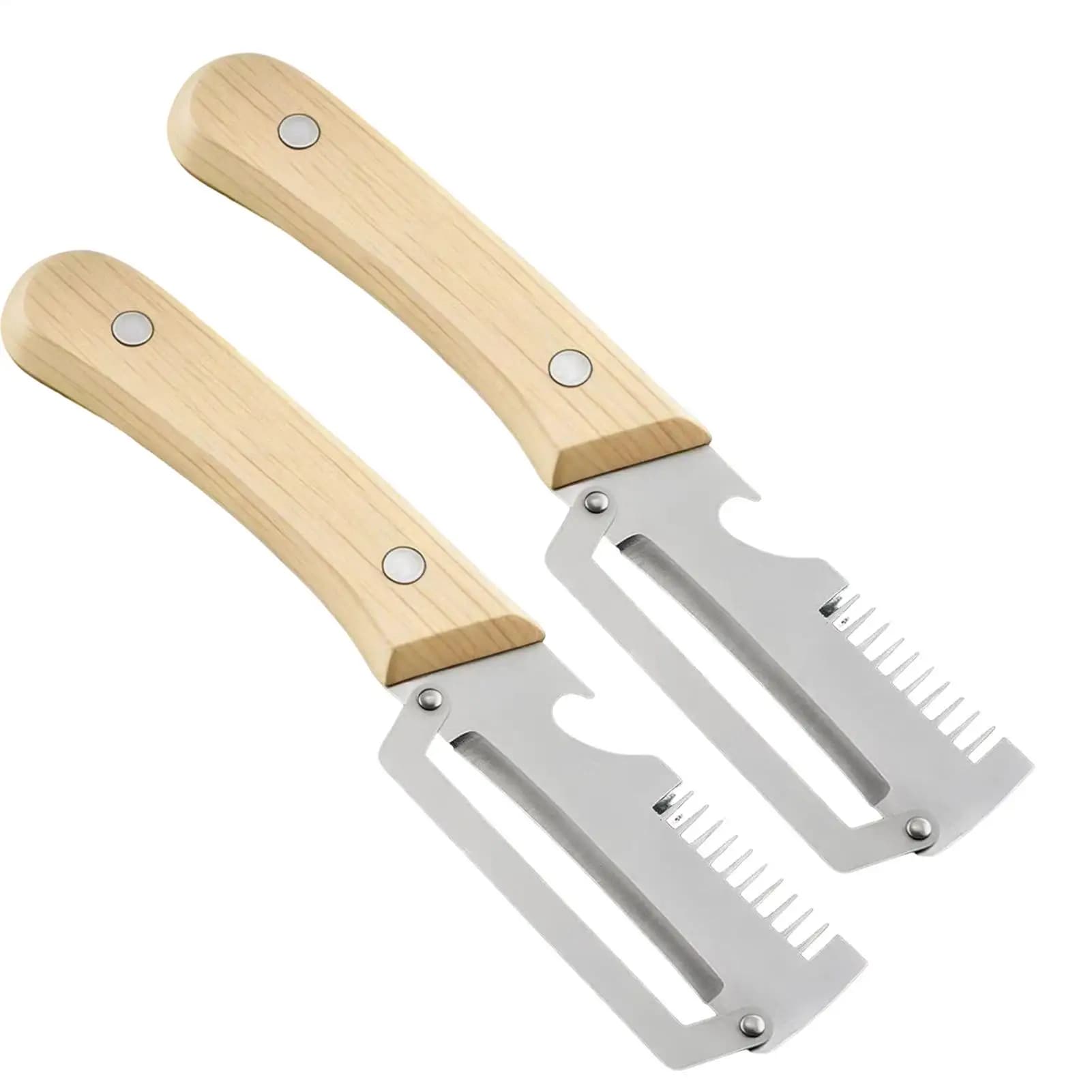 2 coltelli pelapatate seghettati tre in uno in acciaio inossidabile con manico in legno, pelapatate per verdure in acciaio inossidabile