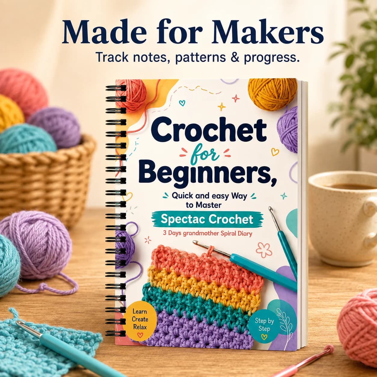 Beginner Crochet Spiral Diary Notebook - Step-by-Step Crochet Project Log Book Yarn Craft Planner Handmade Hobby Journal