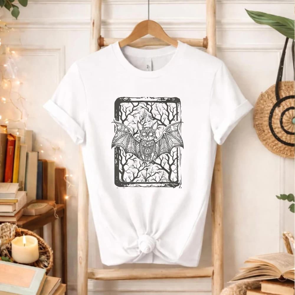 Bat Tarot Card Graphic T‑Shirt Mandala Bat Bare Tree Distressed Rectangular Frame Gothic Dark Art Halloween Witchy Casual Tops
