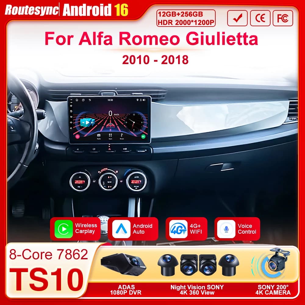 Autoradio per Alfa Romeo Giulietta 2010-2018 con Carplay, Android 16, Stereo, Schermo Divisibile e Navigazione GPS