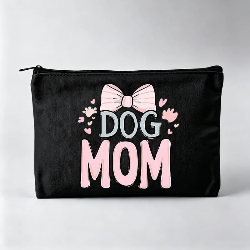 Dog Mom Typography Print Makeup Bag with Bow and Paw Design, Casual Cosmetic Pouch for Daily Use