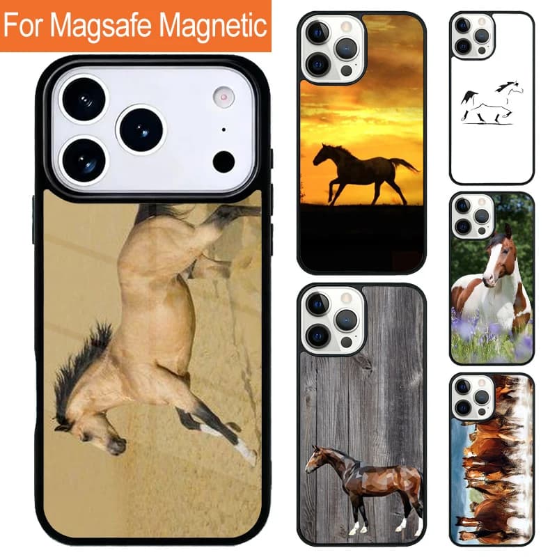 Custodia Magnetica per iPhone con Cavalli Selvaggi che Corrono al Tramonto, Compatibile con MagSafe, per iPhone 17 Pro 16 15 13 12 11 Pro Max Air 14 Plus