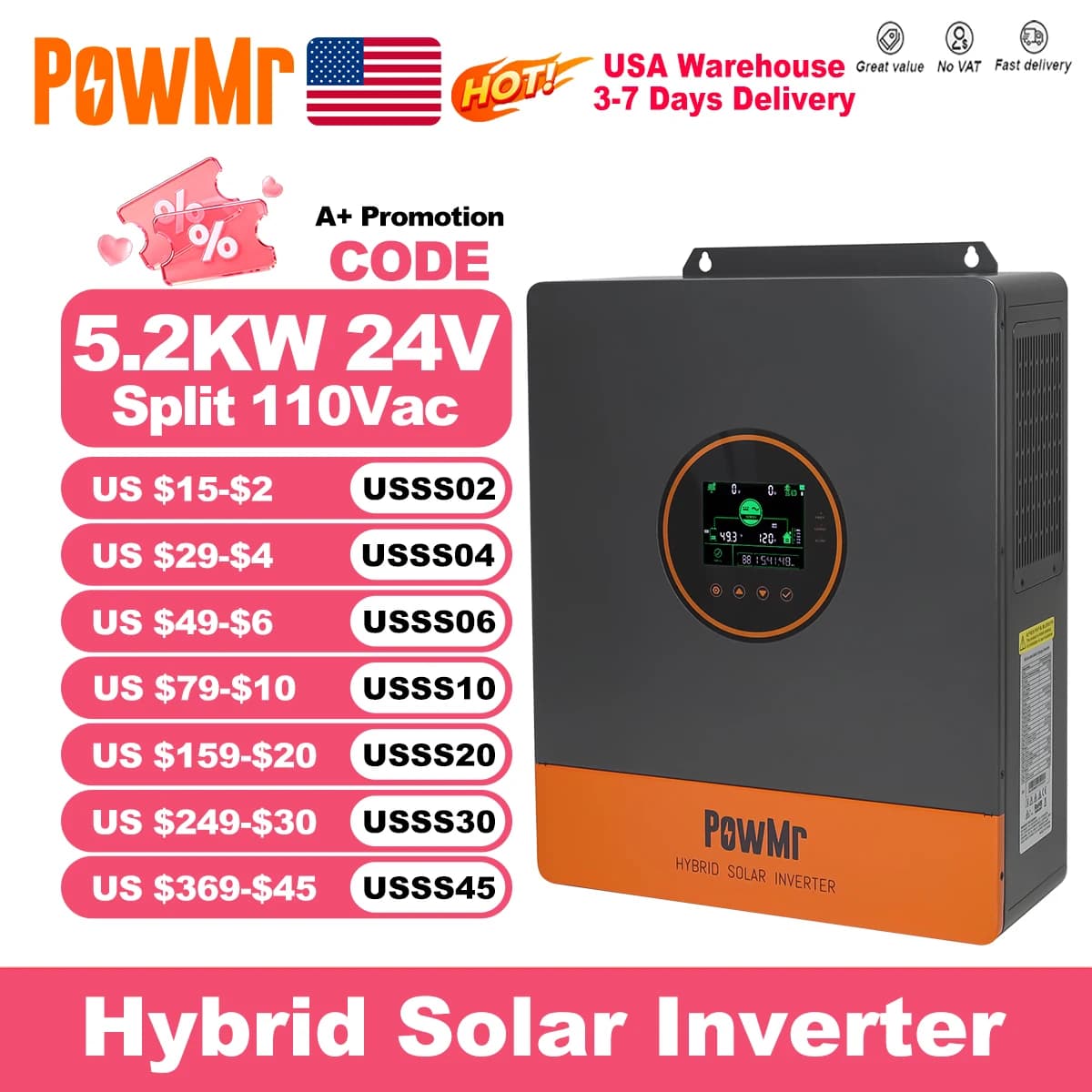 PowMr USA 5.2KW 48V 110Vac L'inverter solare ibrido può divisa in fase 220Vac Uscita quando parallela onda sinusoidale pura MPPT 100A PV 500Vdc
