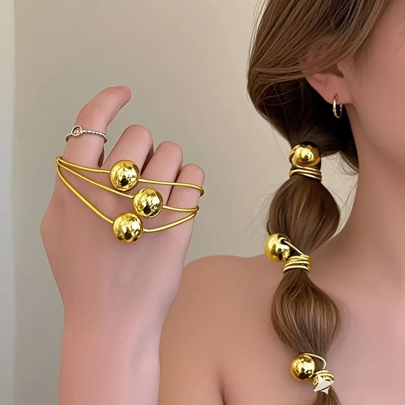4 elastici per capelli ultra-lucidi con punta a sfera, altamente elastici, con perline oro e argento, comodi, resistenti all'usura, eleganti accessori per capelli alla moda per donne e ragazze, per acconciature quotidiane, casual e da festa.