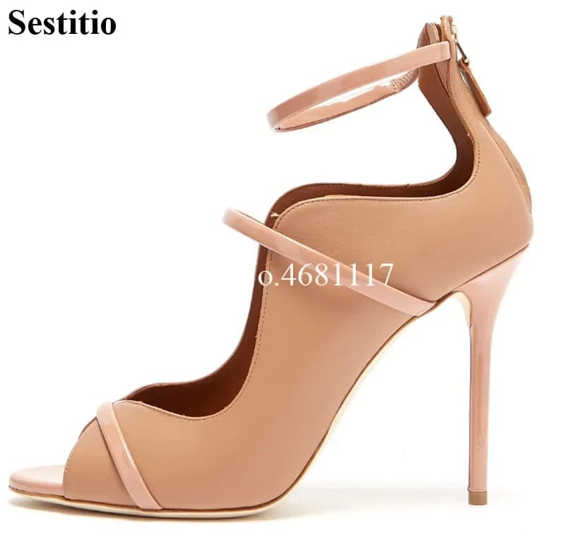 Sandali con doppie cinturini nudi Sandali estivi da donna con cinturino alla caviglia Cerniera posteriore Peep Toe Scarpe da festa personalizzate Sandali eleganti da donna da ufficio