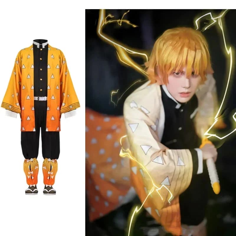 2026 Anime Moordenaar Kimetsu Agatsuma Zenitsu Cosplay tuum Pruik Vrouwen Kimono Uniform Halloween Kerstfeest Kleding