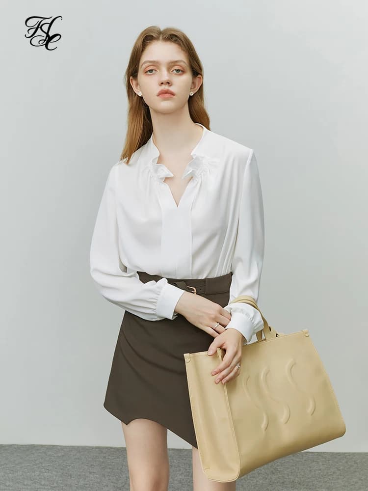 FSLE Camicia con scollo a V stile francese Donna Manica lunga 2022 Autunno Design chic Foglia di loto Grazioso top in chiffon femminile vintage