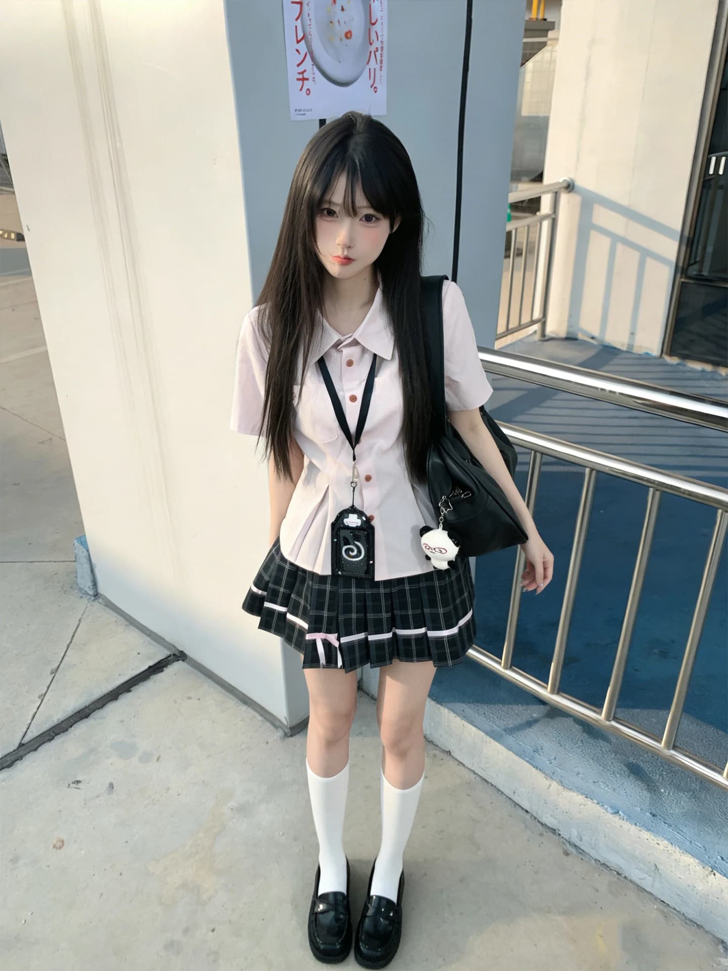 InstituteJK Camicia originale con papillon rosa da donna, manica corta, stile uniforme scolastica, set di camicetta e gonna per ragazza adolescente
