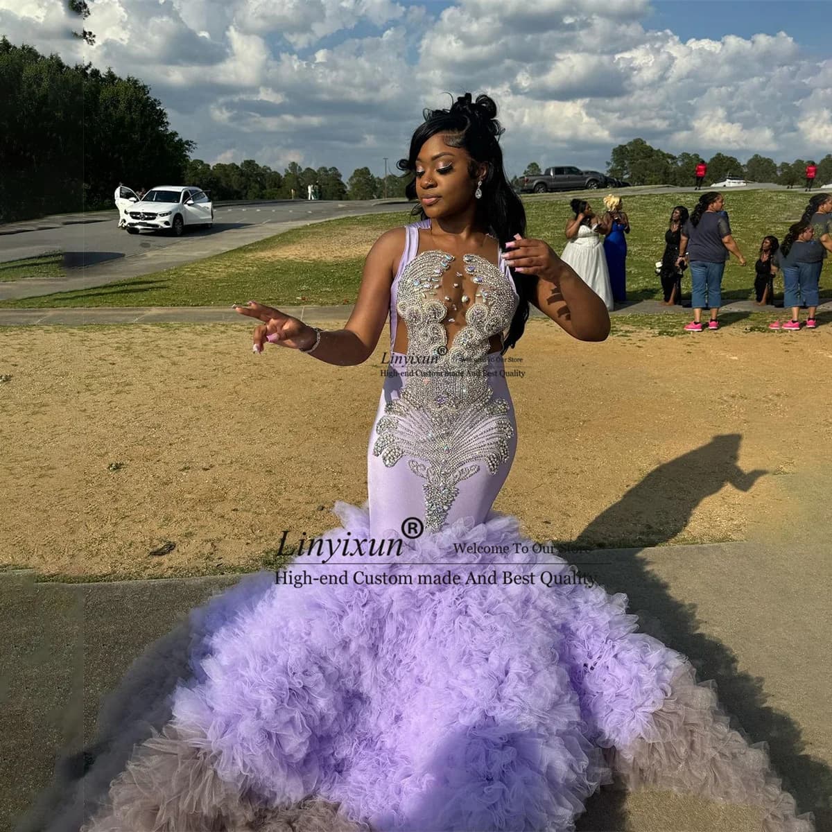 Abito da ballo sexy viola con diamanti scintillanti Cristalli Strass Perline Increspature gonfie Abito da festa di compleanno Abito da sera personalizzato