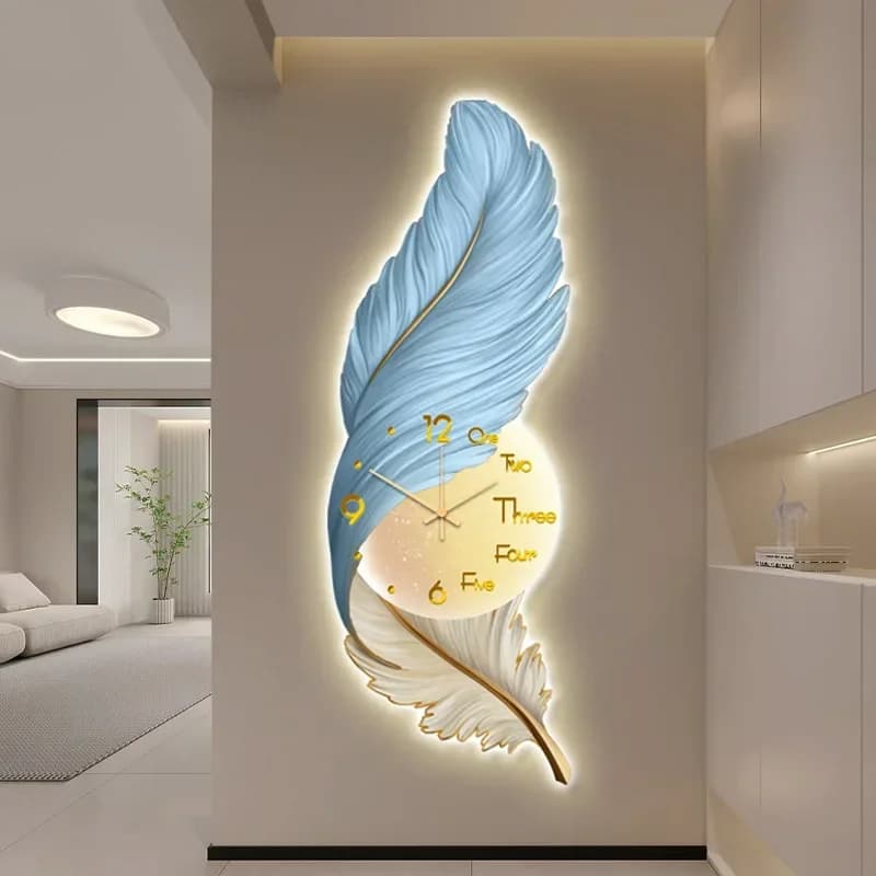 Large Luxury LED Wall Clock with Feather Shape, Modern Design for Living Room Decoration