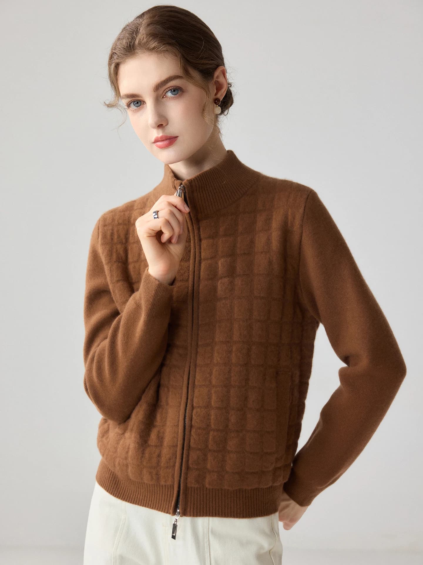 TLOML Women‘s 100% Cashmere Sweater Mock Neck Two-way Zip Cardigan Autumn Winter Cashmere Knitwear Soft Warm Thick Cotton Jacket