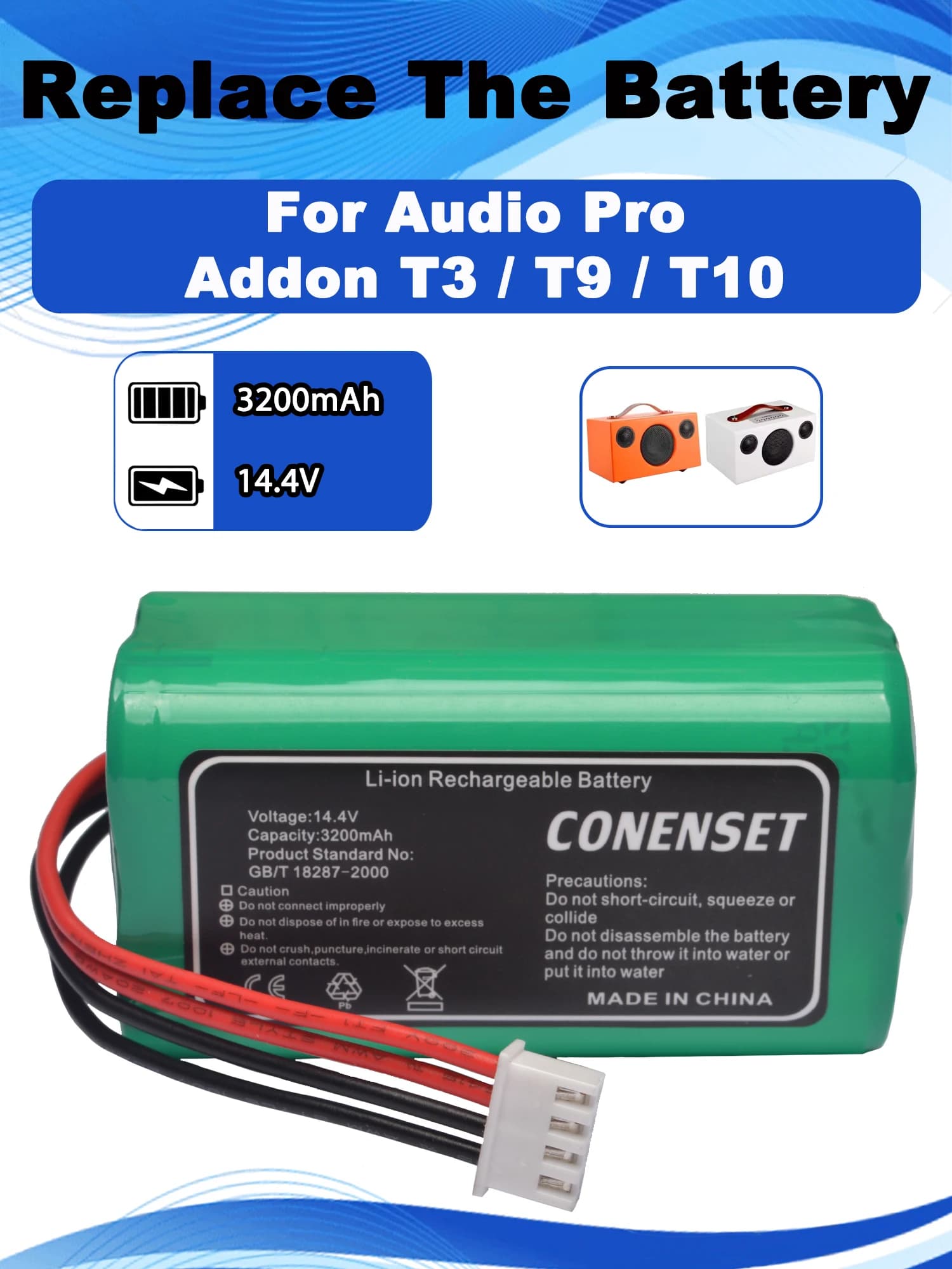 Batteria di ricambio per altoparlante da 14,4 V 3200 mAh per Audio Pro Addon T3 T9 T10 Altoparlante Bluetooth TF18650-2200-1S4PB