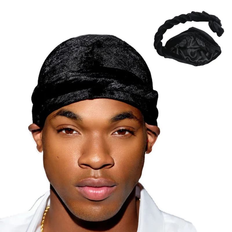 Sciarpa per la testa in velluto da uomo tinta unita intrecciata etnica doppio strato in raso all'interno cappelli turbante da uomo stilista in seta Durag