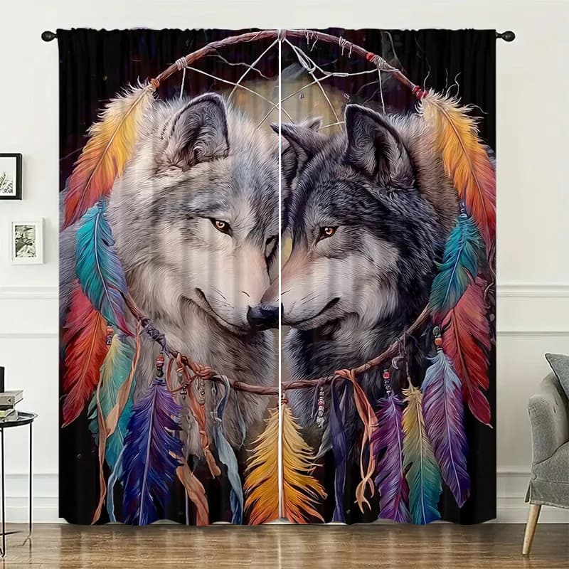 Dream Catcher with Two Wolf Patterns Print Drapes Room Darkening Window Curtains Home Decor,Rod Pocket Blackout Curtains Bedroom