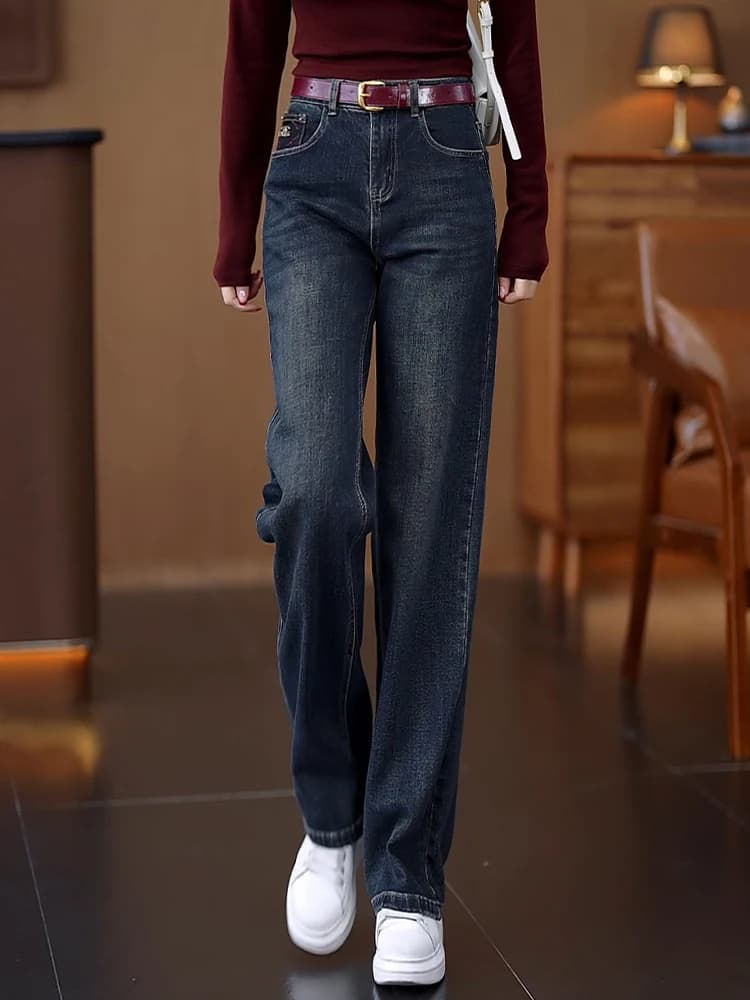 Retro High Waist Embroidered Straight Leg Jeans Women's Spring Autumn Casual Slimming Drapey Wide Leg Pants Korean Style
