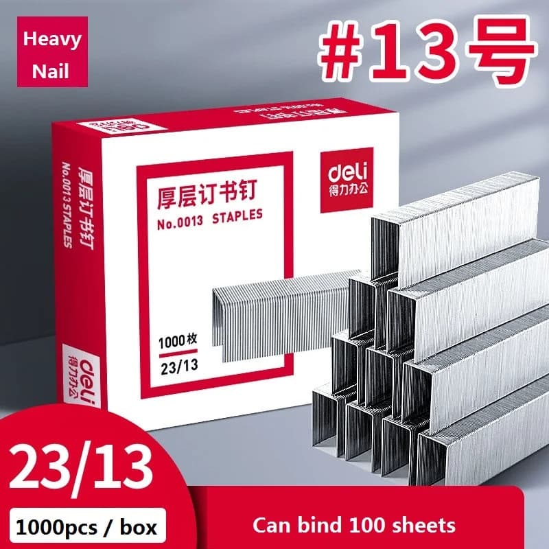 13 # 1000 pz/scatola Deli 23/13 Graffette Heavy Duty Rilegatura 100 Lenzuola Cucitrice Scuola Forniture Per Ufficio Studente di Cancelleria Strumento di Affari