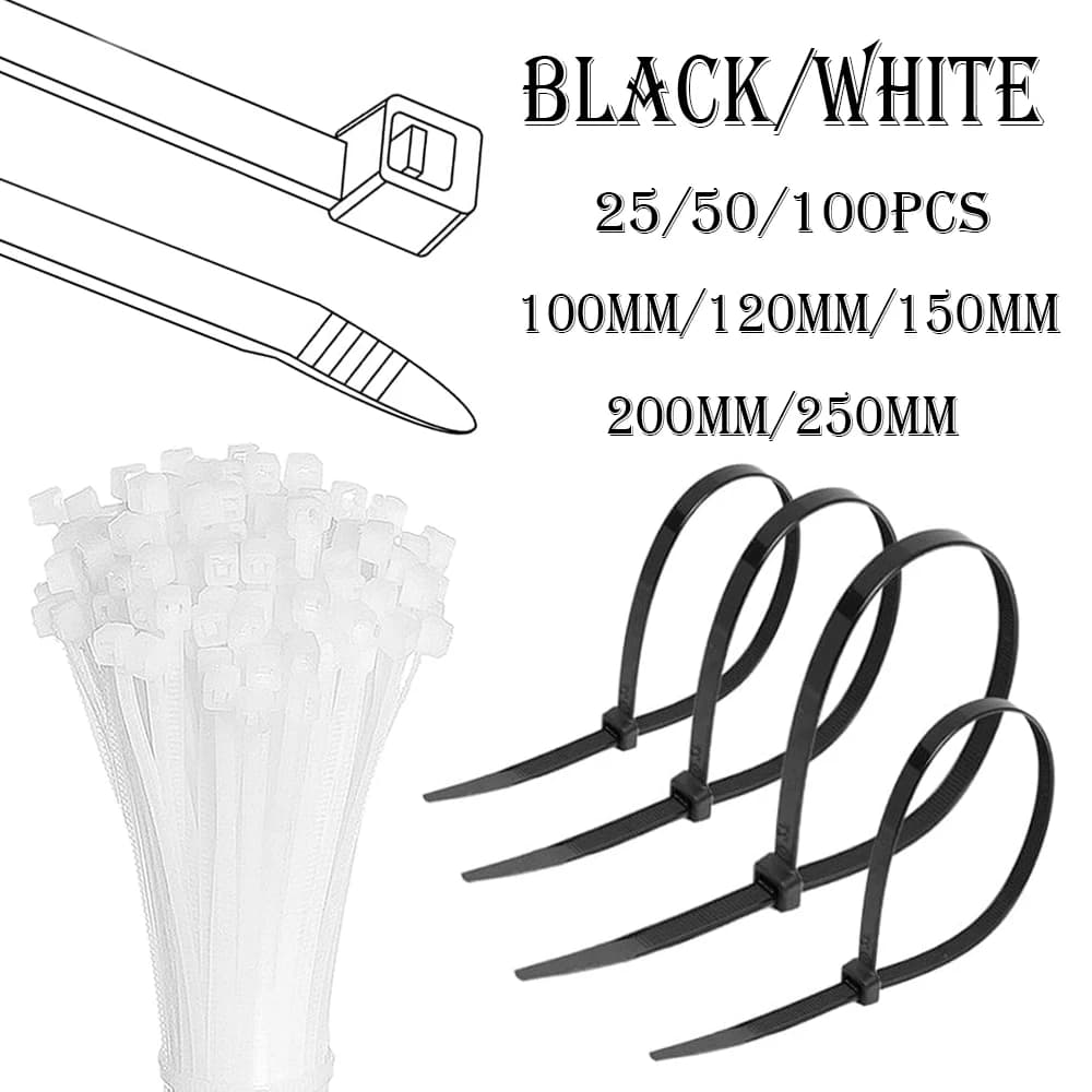 25-100 pz Fascetta in Nylon di Plastica autobloccante Bianco/nero Zip Avvolge Cinghia Fascette in Nylon Set Anelli di Fissaggio Loop Wire Wrap