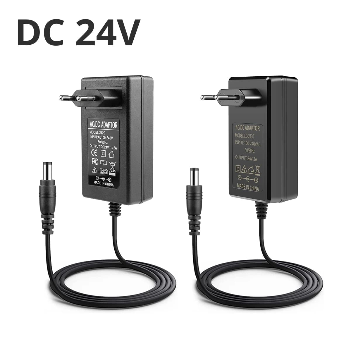 Alimentatore DC 24V 2A 3A, Adattatore Universale AC/DC a Tensione Ampia con Spina EU/US, per Strisce LED, Telecamere di Sicurezza e Altri Dispositivi