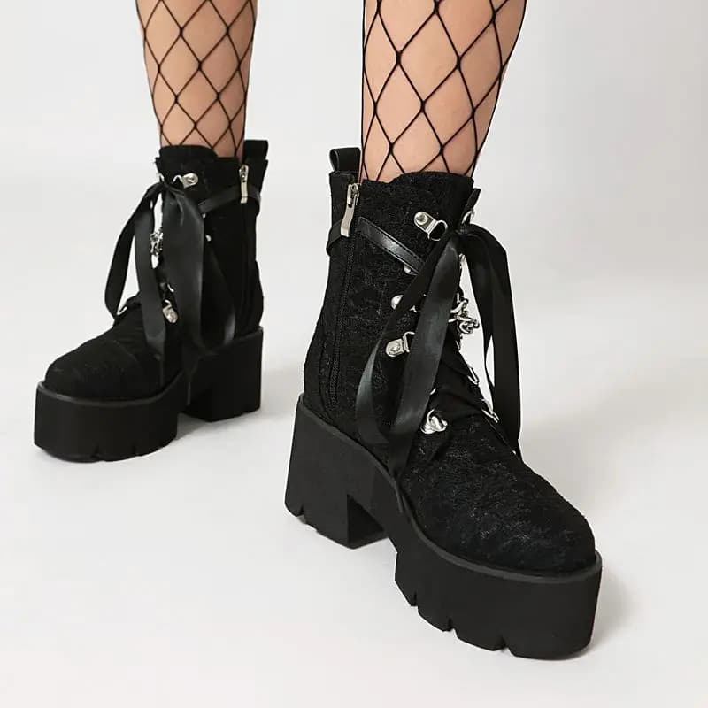ORCHALISA New shoes Fashion Women's Ankle Boots Round Toe 7cm Block Heel Platform Chain Metal Decor Lace-Up Size 43 Casual Style
