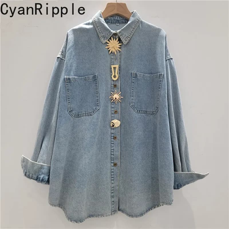 Nuova Camicia di Jeans alla Moda Primavera-Autunno, Manica Lunga con Fibbia Metallica, Cardigan Versatile e Comodo, Tinta Unita, Blusa in Denim per Donne