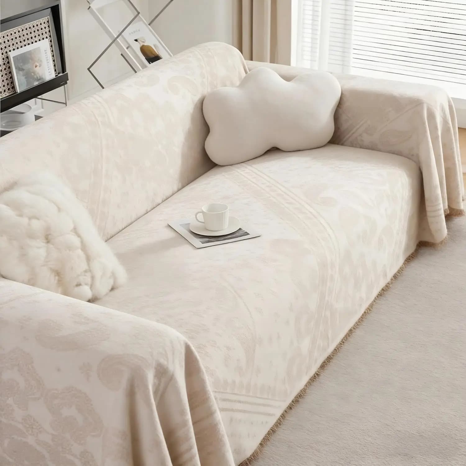 Copridivano Reversibile in Ciniglia Stile Boho con Nappe, Coperta per Divanetto per Soggiorno e Ufficio