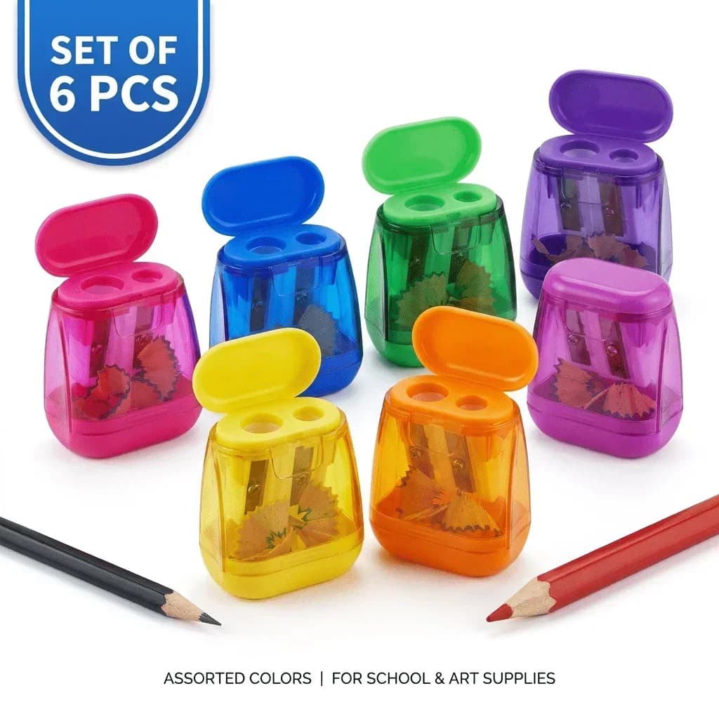 6-Piece set of double-hole pencil sharpener set, with storage box, random color, manual pencil sharpener, suitable for school classroom art supplies, portable pencil sharpener, suitable for standard and large pencils