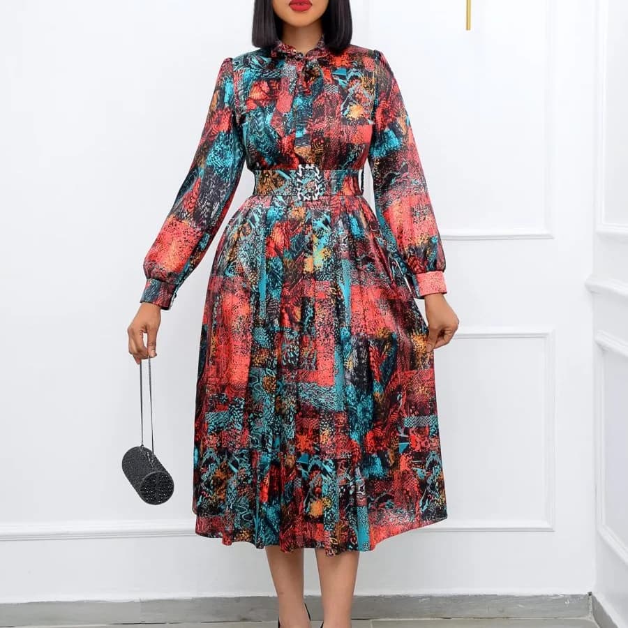 Elegant Vintage Women's Dress with Fiocco Collection, Long Sleeves, Waist Belt and Trapezio skirt, for Party and Dinner