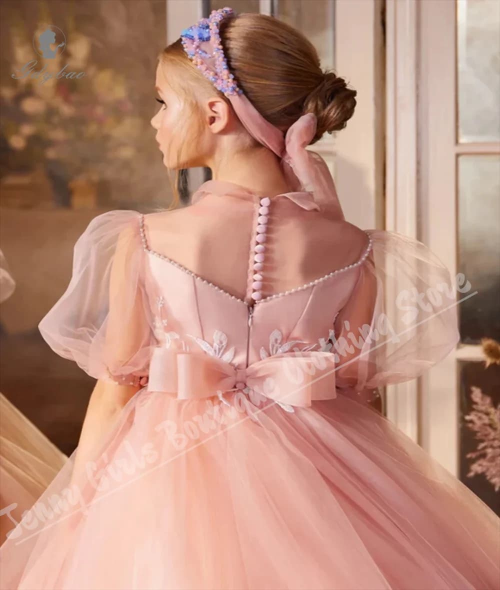 Abito da principessa affascinante all'allucinazione rosa con maniche corte Abito da festa di compleanno per bambini dolce e soffice per la festa di nozze