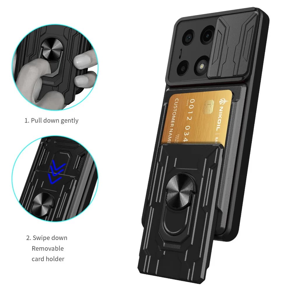 Custodia protettiva ibrida con anello e slot per schede per fotocamera, compatibile con POCO M6, X6 Pro, F5 Pro, X5, M5, X4 GT, F4, X4 Pro, M4, F3, X3 NFC