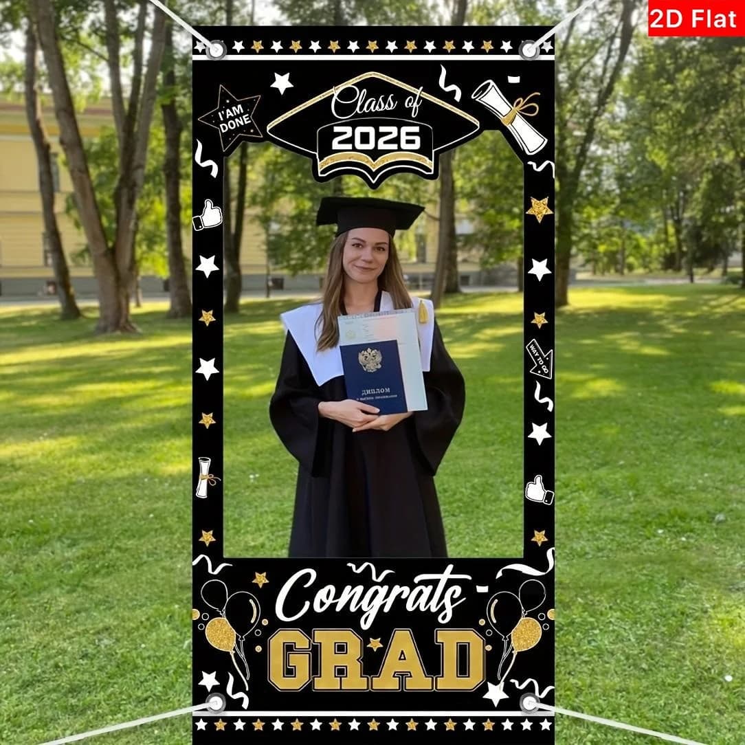 Banner piatto 2D per porta, 1 pz, Banner per porta di laurea Classe 2026, Cornice per photo booth Congratulazioni Laureato, Sfondo per decorazioni per feste