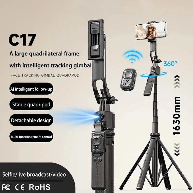 C17 Asta Selfie Mobile Intelligente con Funzione AI di Seguimento, Anti-Vibrazione, Retrattile, Pan-Tilt Automatico, Supporto per Telefono