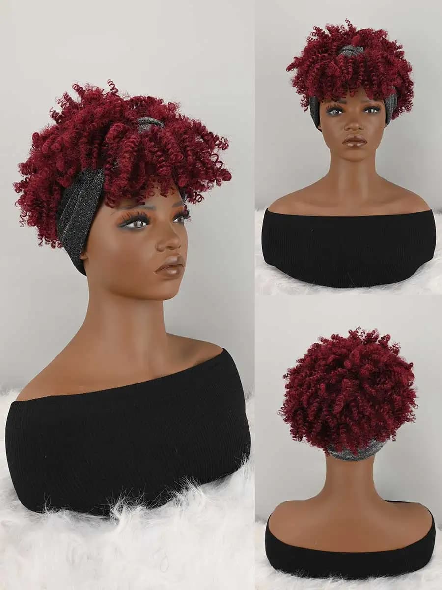 Wigs with women's hair band, synthetic afro curly wig with short hair and band included, wigs with attached hair band, curly wigs.
