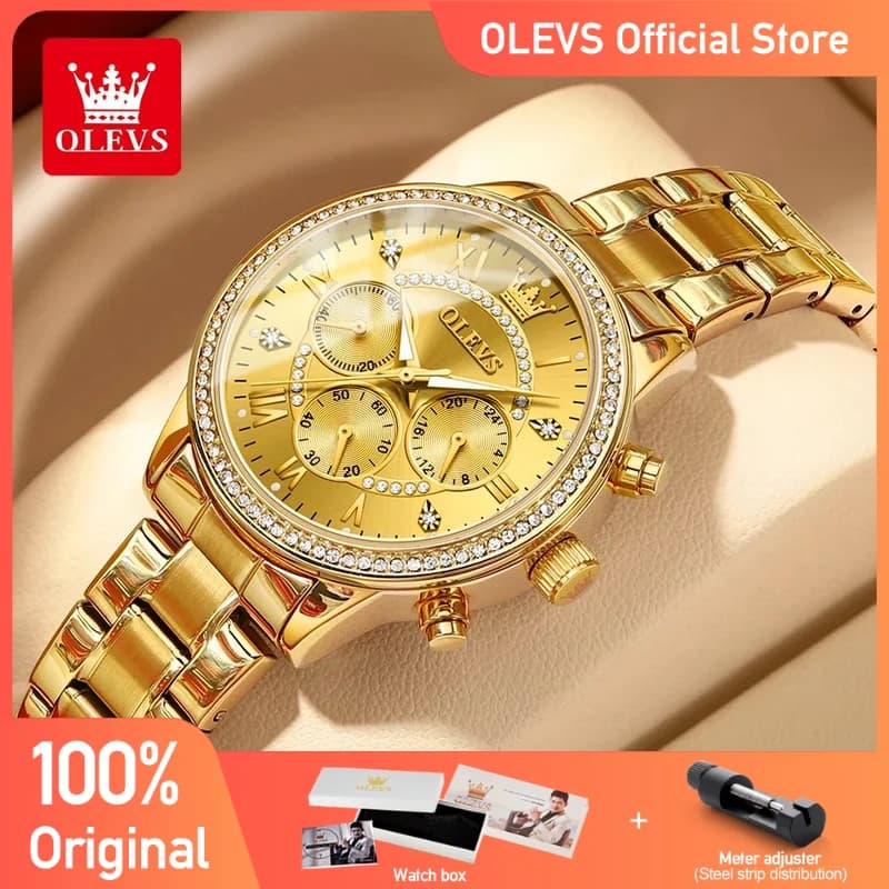 OLEVS Women's Watch Luxury Original Quartz Watch Of The Best Brands For Women's Chronograph Waterproof Dial With 24 Hours Bright Rhinestone